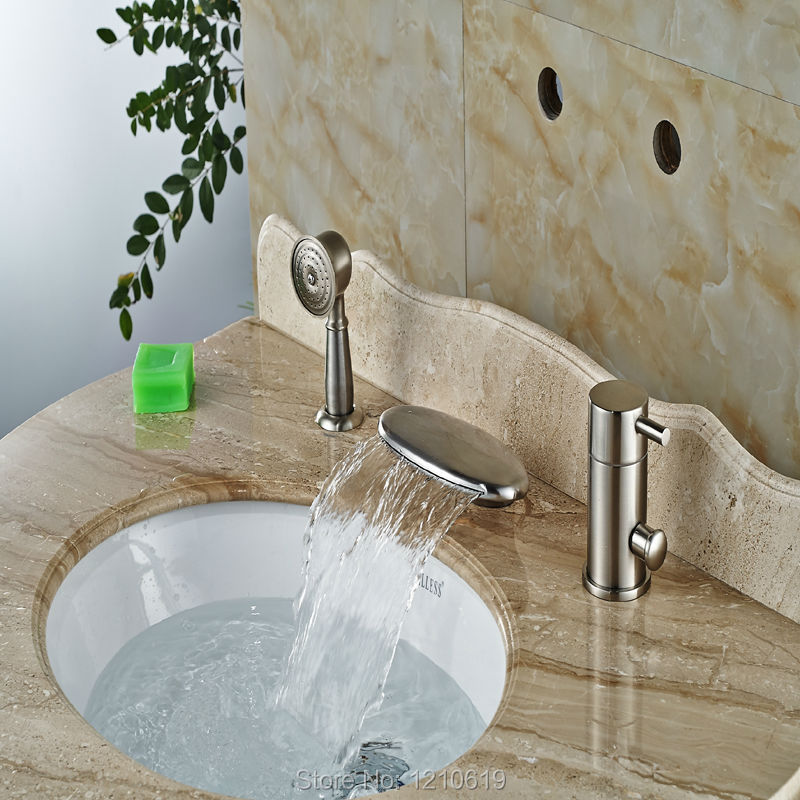 Newly 3Pcs Bathtub Basin Mixer Faucet Nickel Brushed Shower Tub Faucet w/ Hand Sprayer Single Handle