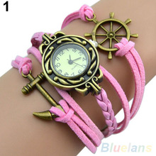 Retro Rudder Anchor Charm Leather Band Quartz Wrist Watch 2DXE