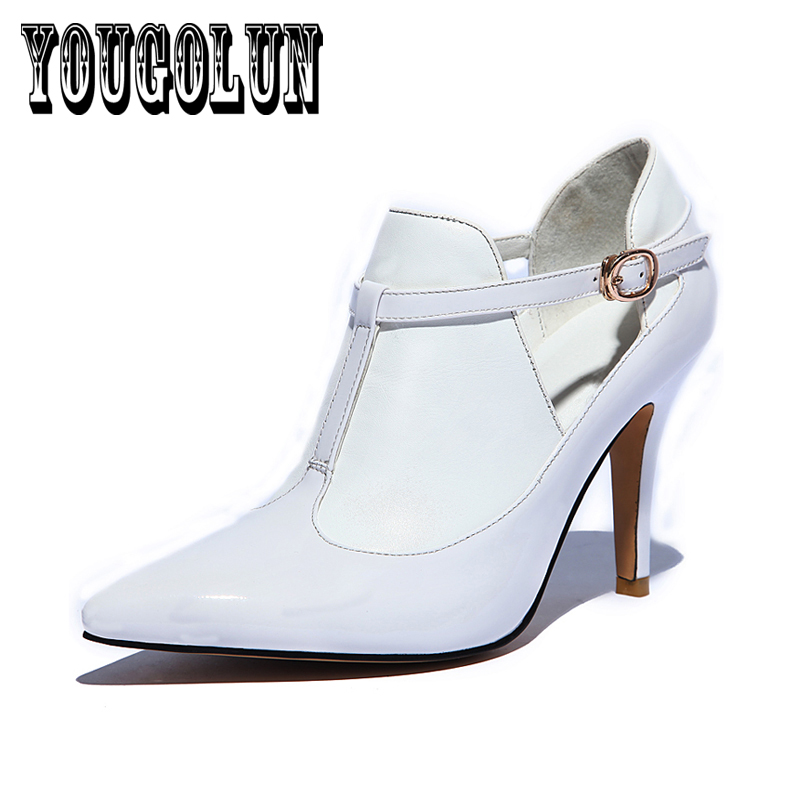 Patent Genuine leather Summer pointed toe buckle Fashion Women's Sandals high heels Pumps shoes,wedding Fretwork Women Shoes