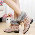 2016 Floral Print Women Rain Boots Wool Fox Fur Snow Boots Outdoor Rainboots Flat Heel Girl