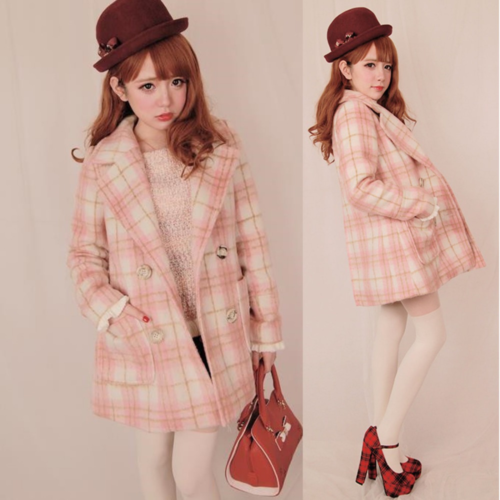 2015 winter fashion women blends classic pink plaid wool coat double breasted slim girls cute lolita princess wool kawaii blends