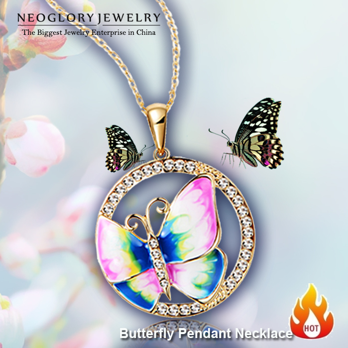 Neoglory Rhinestone Gold Plated Enamel Animal Butterfly Necklaces Pendants For Women New 2014 Fashion Jewelry Accessories