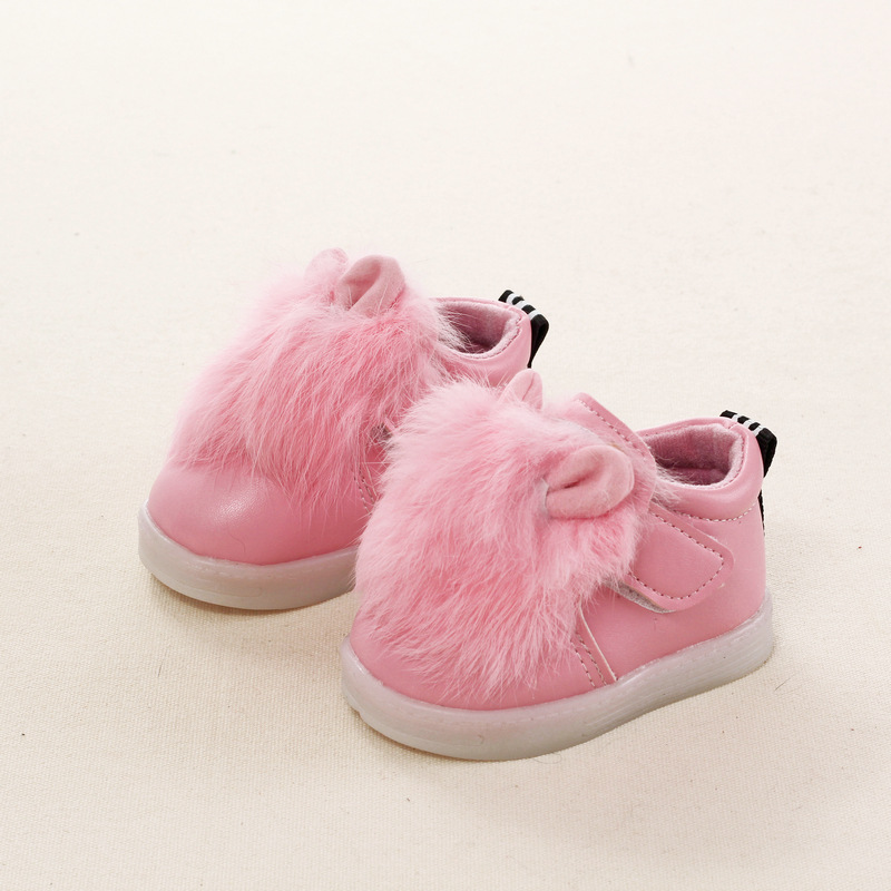 children rabbit feather female baby shoes cute girl Leather Shoes with light shining for 1 3