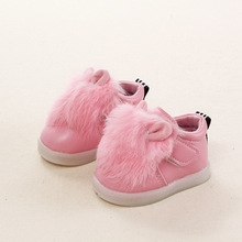 children rabbit feather female baby shoes cute girl Leather Shoes with light shining for 1 3