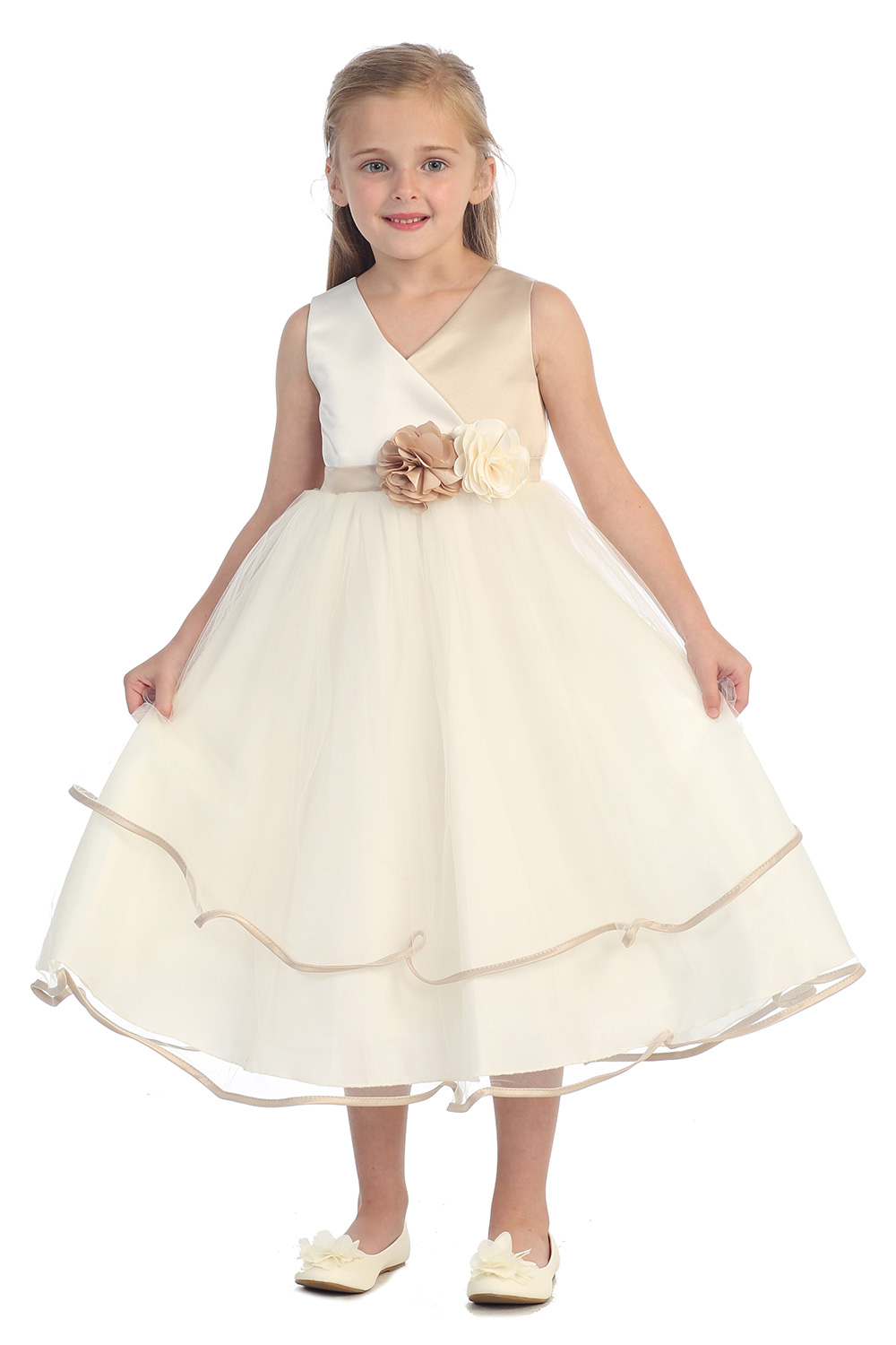 Фотография A-Line First Communion Dresses for Girls Mid-Calf Flower Girls Dresses For Wedding Gowns Sleeveless Kids Evening Gowns 
