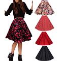 Women Lady Vintage Printed Floral Fashion Skirts Stretch Pleated Swing Ball Gown Academical Style