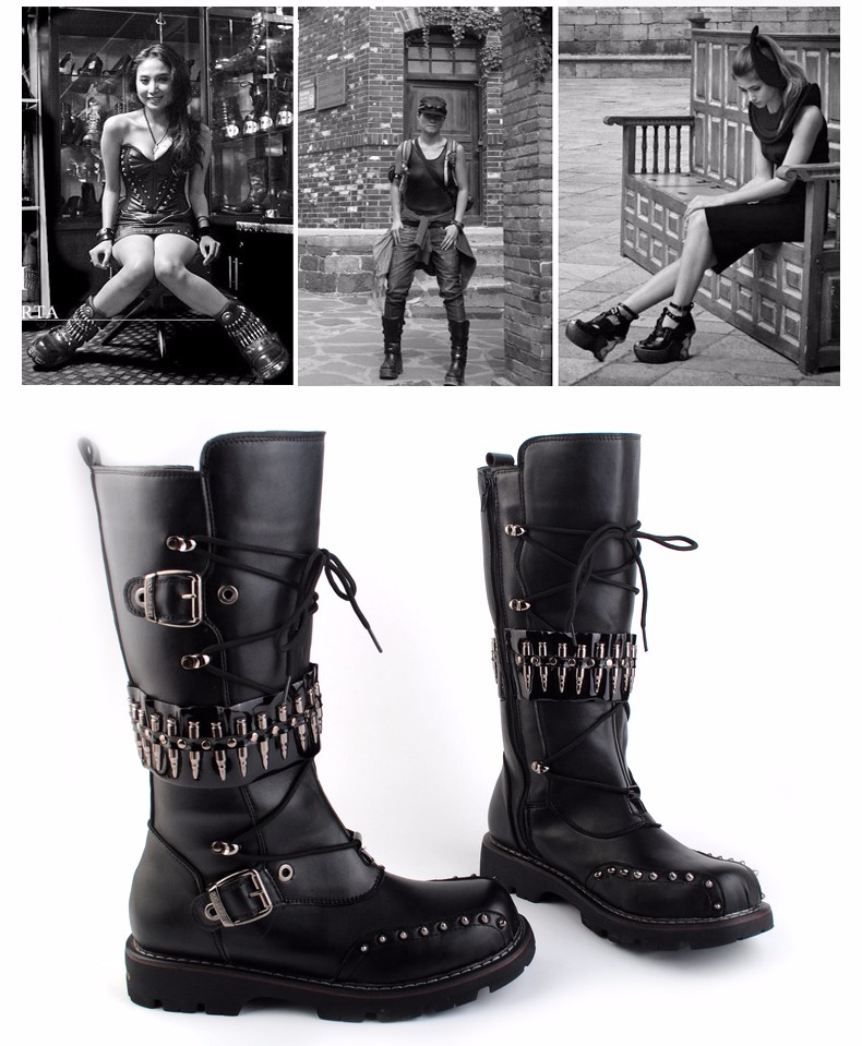 WholesaleMens Black Leather Motorcycle Boots Heavy Metal Rivet Combat Boots Punk Rock Martin
