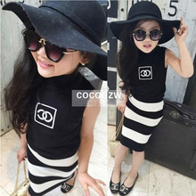 New Style Girl Kids Clothing Sets Black Tops + Stripe Skirts 2 Piece Set Fashion Girls Casual Suit Clothes Children’s Clothes