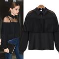 2016 Fashion Brand Designer Long Sleeve Chiffon Blouse Shirt Women Vintage Pleated white black Casual Shirt