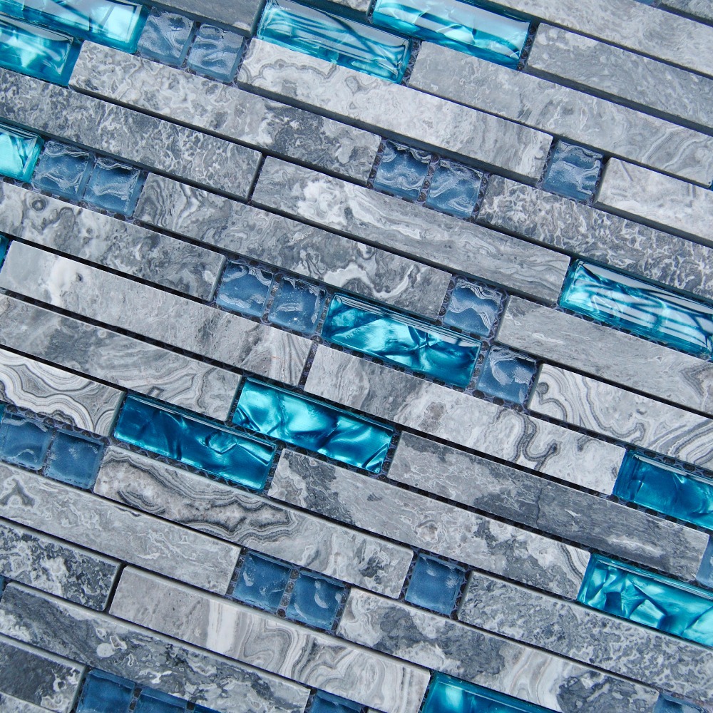 New modern glass marble tile wall deco sea blue glass natural stone