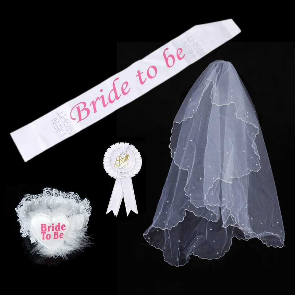 4 in 1 Hen Night Party Bride to Be Sash Badge Rosette Garter Bridal Veils Sets for Hen Night Party Wedding Shower White