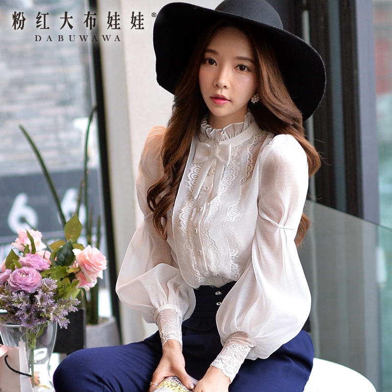 Long sleeved white shirt Girl Pink Doll 2015 new winter coat female temperament lace shirts ol
