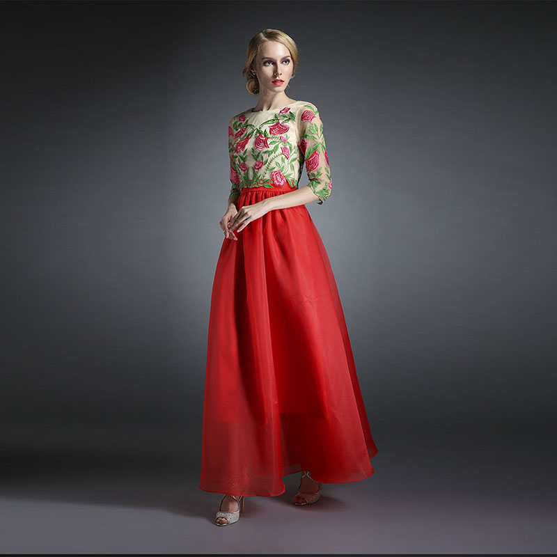 Desigual New Brand Runway Spring Fashion Half Mesh Sleeve Maxi Floor-Length Spliced Sophisticated Emobroidery Women Silk Dress