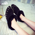 2016 Autumn Winter Plush Cotton Shoes Pointed Toe Flock Rivet Casual Shoes Scarpe Donna Slip On