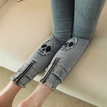 Skull head elastic skinny cotton denim women ripped zipper sexy new jeans woman spring summer denim pencil pants jeans NZ07