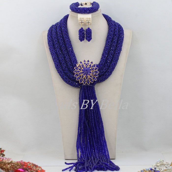 Royal Blue Crystal Jewelry Nigerian Wedding Beads Necklace African Beads Jewelry Set Bridal Jewelry Sets Free Shipping ABF370
