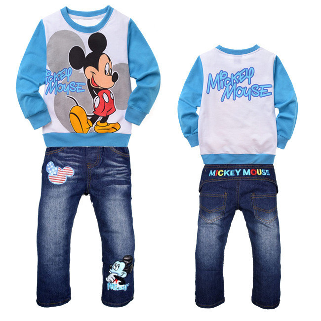 Autumn / Winter Children boys Long-Sleeved Mickey Mouse pullover sets boy t-shirt + Mickey jeans baby Child Cotton Clothes 6set