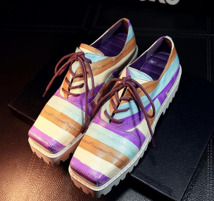New2015 Fashion Rainbow color Women flat platform shoes Genuine leather casual Comfortable Shoes Square Toe Luxury Brand lace up