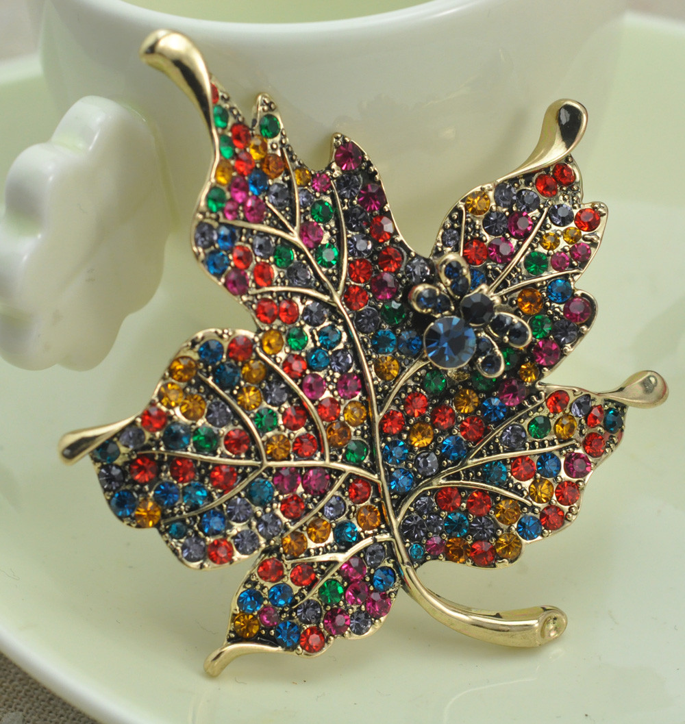 Multi Color Crystal Rhinestone Maple Leaf Brooch Pin Plant Costume Jewelry For Women