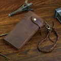 Men long purse Crazy Horse Natural Cowhide Vintage Waxed Leather wallets Designer Chain Leather wallet men