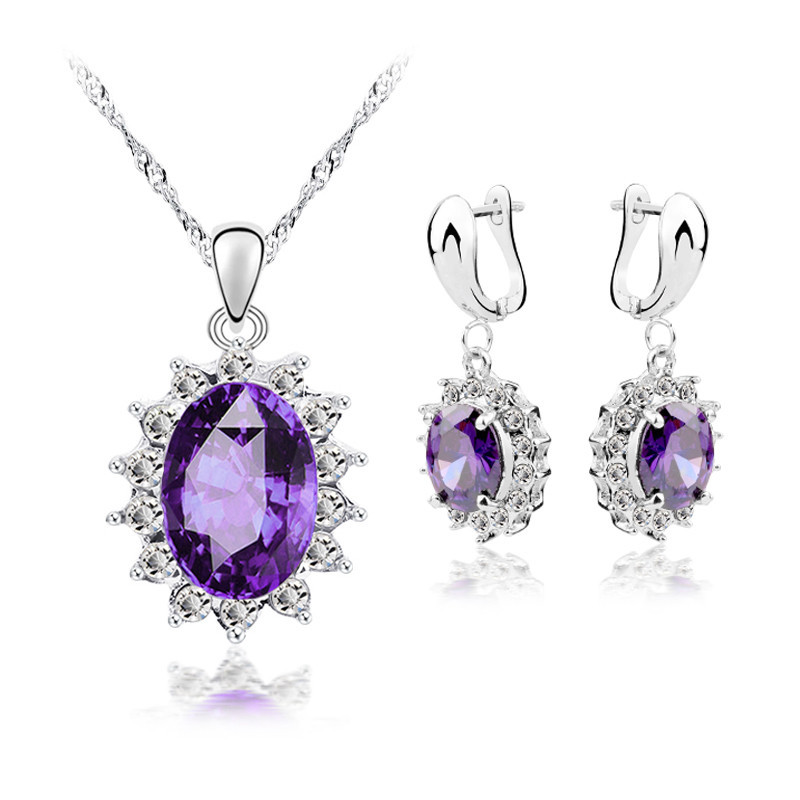 Luxury Brand 925 Sterling Silver Sapphire Jewelry Sets Purple Amethyst Cubic Zirconia Earrings Pendant Necklace Sets for Women