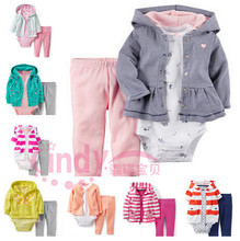 2015 Carters Baby Girl Long Sleeve Menina Cotton Hooded Cardigan Pant Bodysuit 3 pieces Kids Clothes