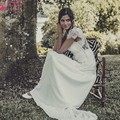 Laure de Sagazan Vintage V Neck Boho Chiffon Lace Beach Wedding Dresses 2016 With Short Sleeve