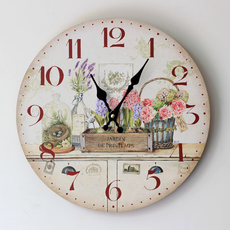 Antique Style Vintage Flower Round Wood Clock Quartz Kitchen Clocks Home Decoration Decor 35cm U0821