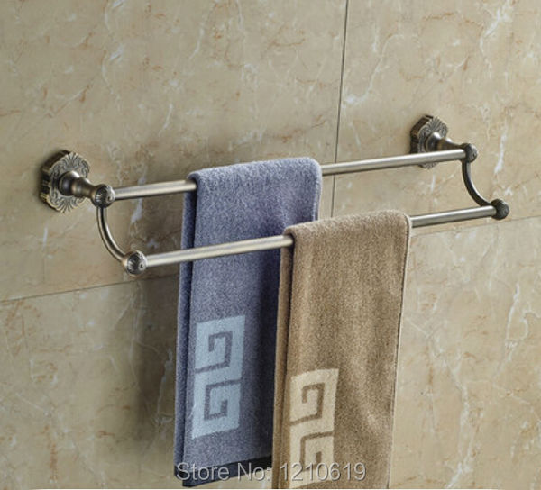New Arrival US Free Shipping Double Towel Bars 61.5cm Antique Bronze Solid Brass Bathroom Towel Holder Rack Wall Mounted