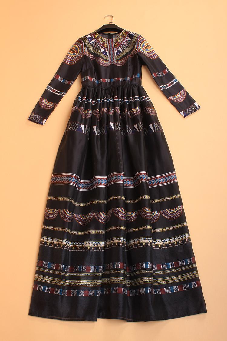 Long Dress 2015 New Fashion Brand Runway Dresses Empire Ancient Vintage Print Full Sleeve Long Dress For Women