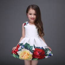 2016 Summer Style Dresses For Girl peony Flower Printed Sleeveless Formal Girl Dresses Teenagers Party Dress girl Free Shipping