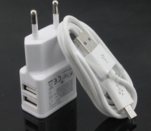 white 1set Dual 2A USB EU Plug Wall Charger +micro USB cable for Samsung galaxy S4 S3 I9500 mobile phone #ZH77