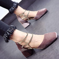 2017 new square head shallow mouth velvet high heels pink Mary Jane shoes Roman style Women