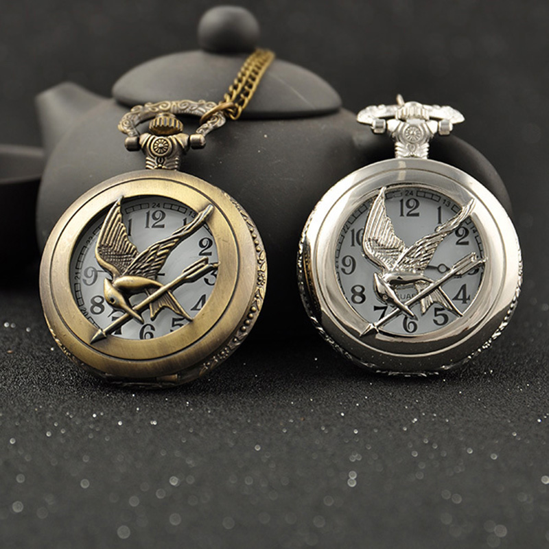 New Fashion Antique Bronze Steampunk Round Pocket Watch Necklace Relogio De Bolso Bird Quartz Analog