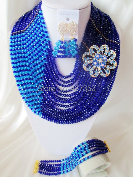 Royal Blue Crystal 15 layers Handmade African Beads Jewelry Set Nigerian Wedding Beads Bridal Jewelry Set Free Shipping CPS-3031