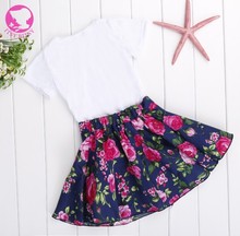 2016 New Fashion Girl Kids T shirt Skirt Set Short Sleeve O Neck Casual White Tops