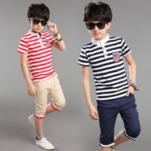 HOT 2016 summer boys striped short sleeve t-shirt suit two piece baby boy children kids clothes 11-13 years boy clothes shirt