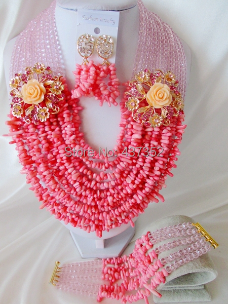Fashion Baby Pink Crystal and Pink Coral Party Nigerian Wedding African Coral  Beads Jewelry Set Free Shipping CPS3773
