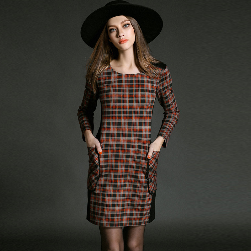 KOCLES New Autumn Winter Women Elegant Casual Mini Vestido Cotton font b Tartan b font Patchwork