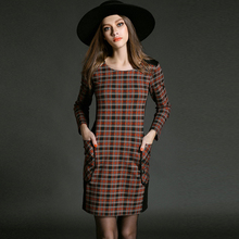 KOCLES New Autumn Winter Women Elegant Casual Mini Vestido Cotton Tartan Patchwork O Neck Long Sleeve Plaid Dress With Pockets