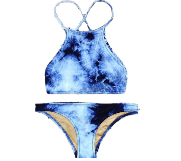 2015 New Vintage print bikini retro cowboy bikini Padded swimwear For Women,Sexy Blue Dyeing Halter swimsuit bathing suits
