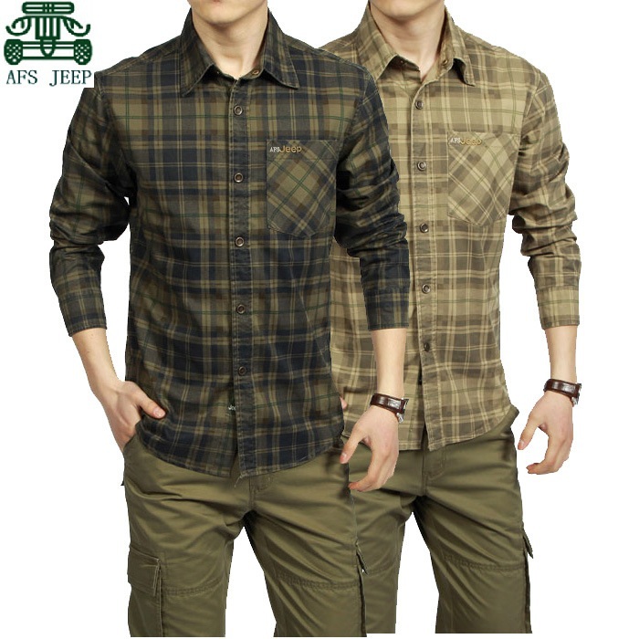 AFS JEEP 2015 Spring Autumn Full Sleeve Plaid Shirt For Men Summer Climbing Thick Cotton Cargo