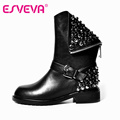 ESVEVA Punk Rivets Shoes Woman PU Real Leather Autumn Boots Square Heels Winter Ankle Boots Zipper