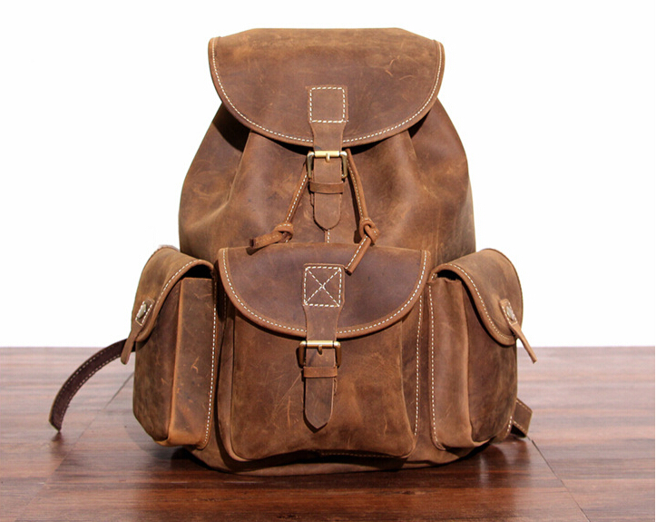Vintage Retro Fashion 100% Real Genuine Crazy Horse Leather Cowhide Men Women Travel Backpack Backpacks Shoulder Bag School Bags