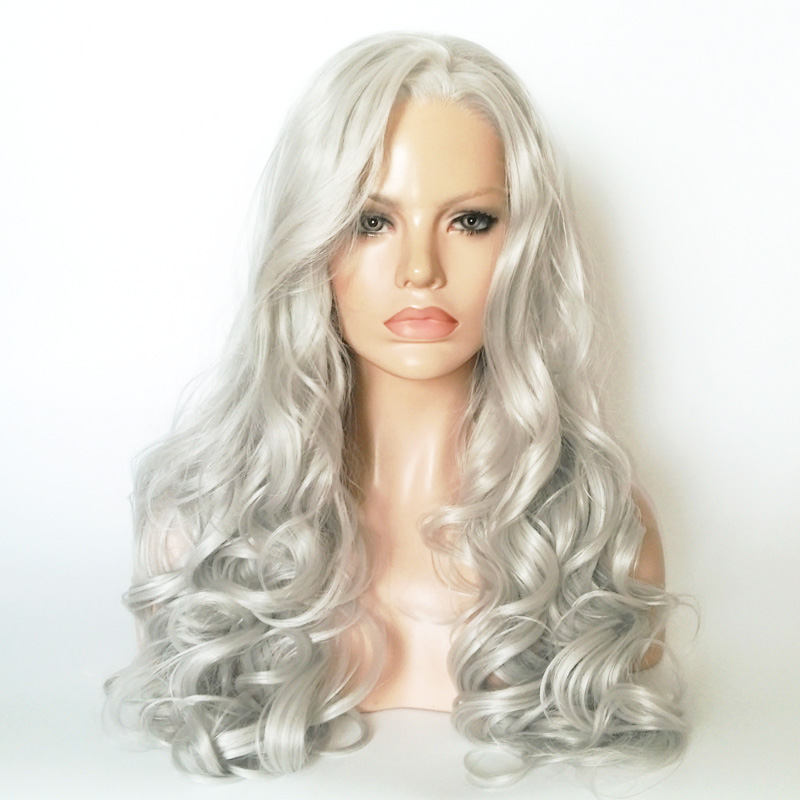 Long Wavy Silver Grey Wig BodyWave Synthetic Lace Front Wig Glueless