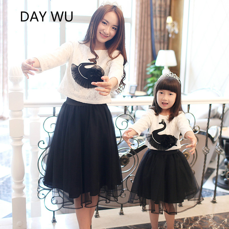 Family fitted spring 2016 models black lace veil skirt autumn swan girls mother of font b