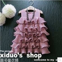 Recommend 2016 summer wear new girl dia little woman layers of pleated black fungus wave piping chiffon vest dress