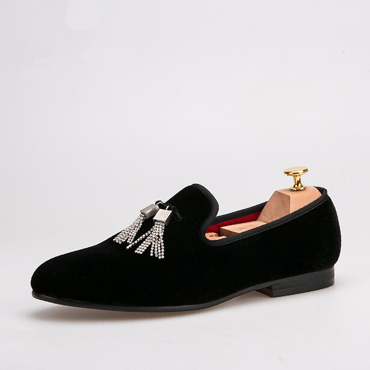 mens velvet shoes black loafers shining crystal tassel slippers US size 6-13 free shipping