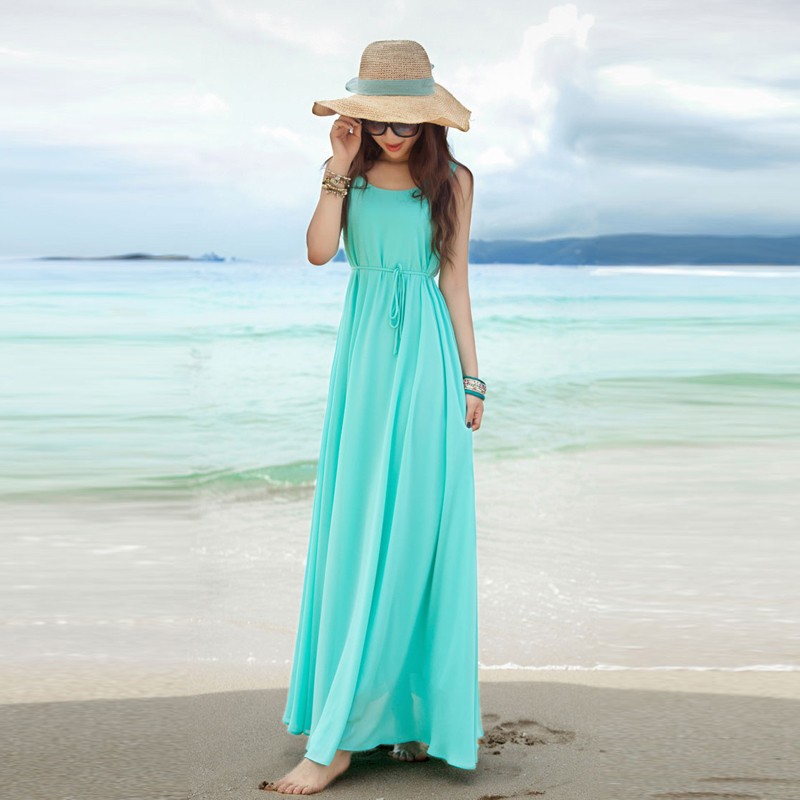 New bohemian pregnant women dress summer loose polyester solid sky blue O-neck sleeveless beach ankle-length maternity dress (4)