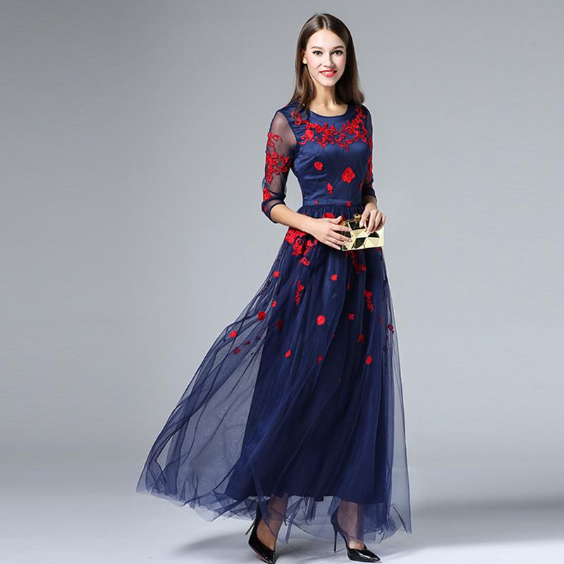 Elegant Dress 2016 Spring Autumn Retro Fashion Runway Flower Embroidery Patchwork New Mesh Women Brand Luxury Maxi Dress